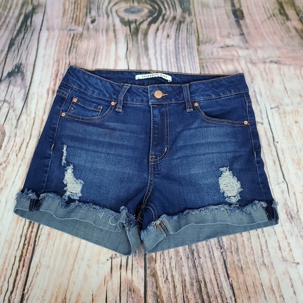 Celebrity Pink Frayed Turn Up Cuff Denim Shorts Size 7/28
